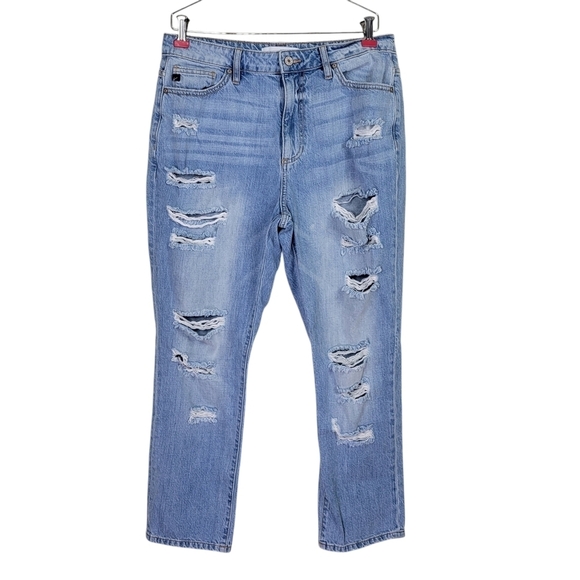 KanCan Jeans Size 9/28 32X27 Blue Boyfriend Mom Light Wash Distressed Ripped - Picture 1 of 13